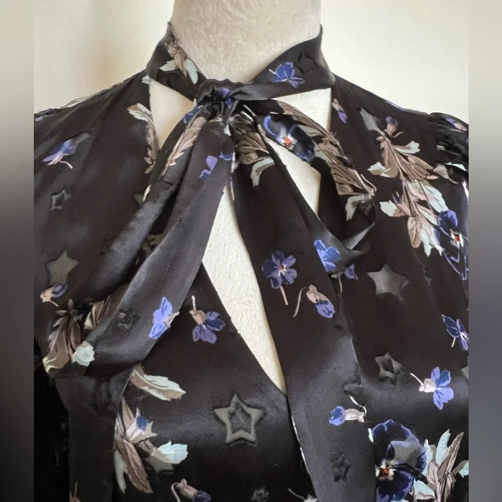 Rebecca Taylor Satin Burnout Scarf Neck Top - Violet Floral Size 4 - Picture 8 of 14